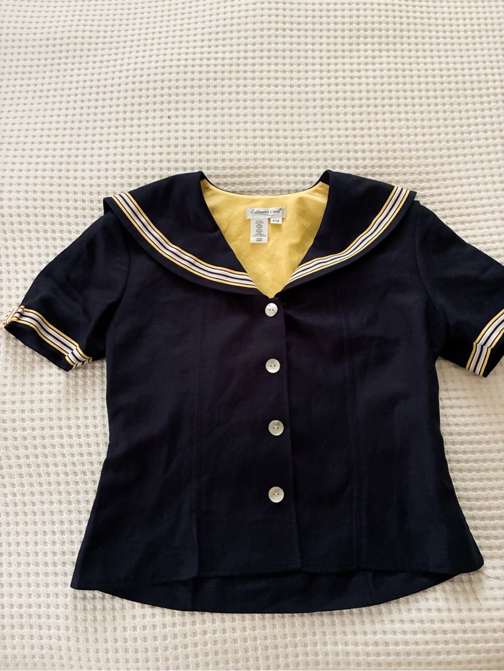 Coldwater Creek Navy Blue Sailor-Style Button Front Top with Yellow Trim